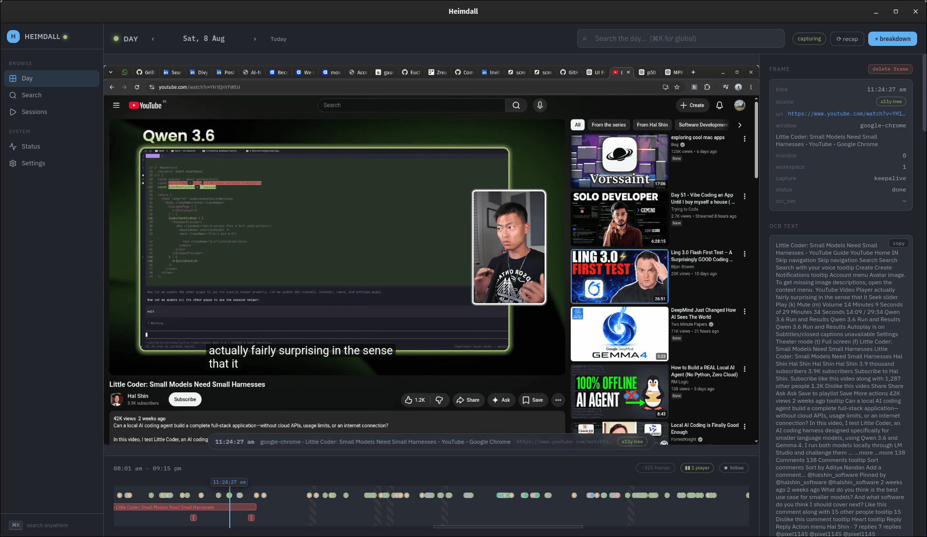 Heimdall day timeline: a captured YouTube frame with metadata, OCR text, and the day strip