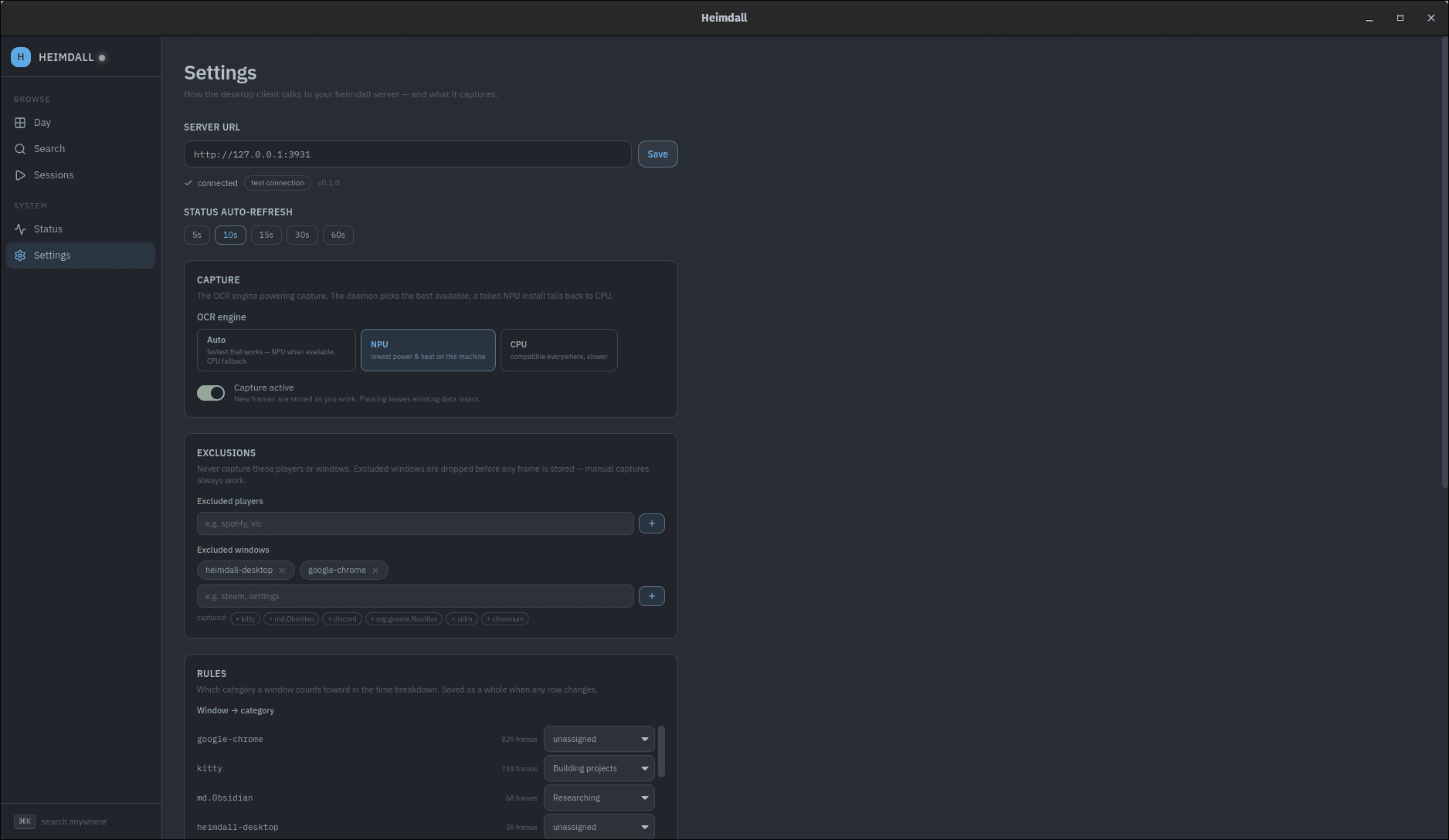 Heimdall settings surface: server URL, OCR engine toggle, exclusions, window rules