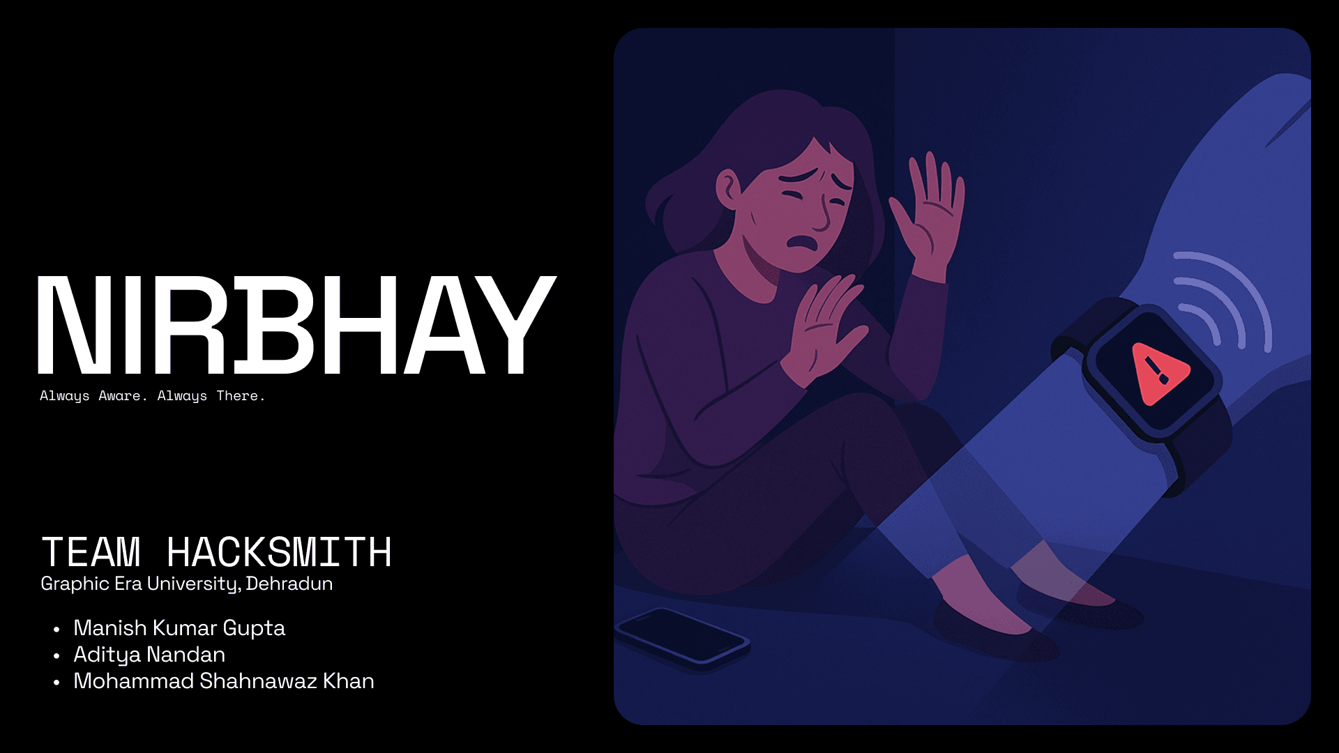 Nirbhay pitch deck: Always Aware, Always There